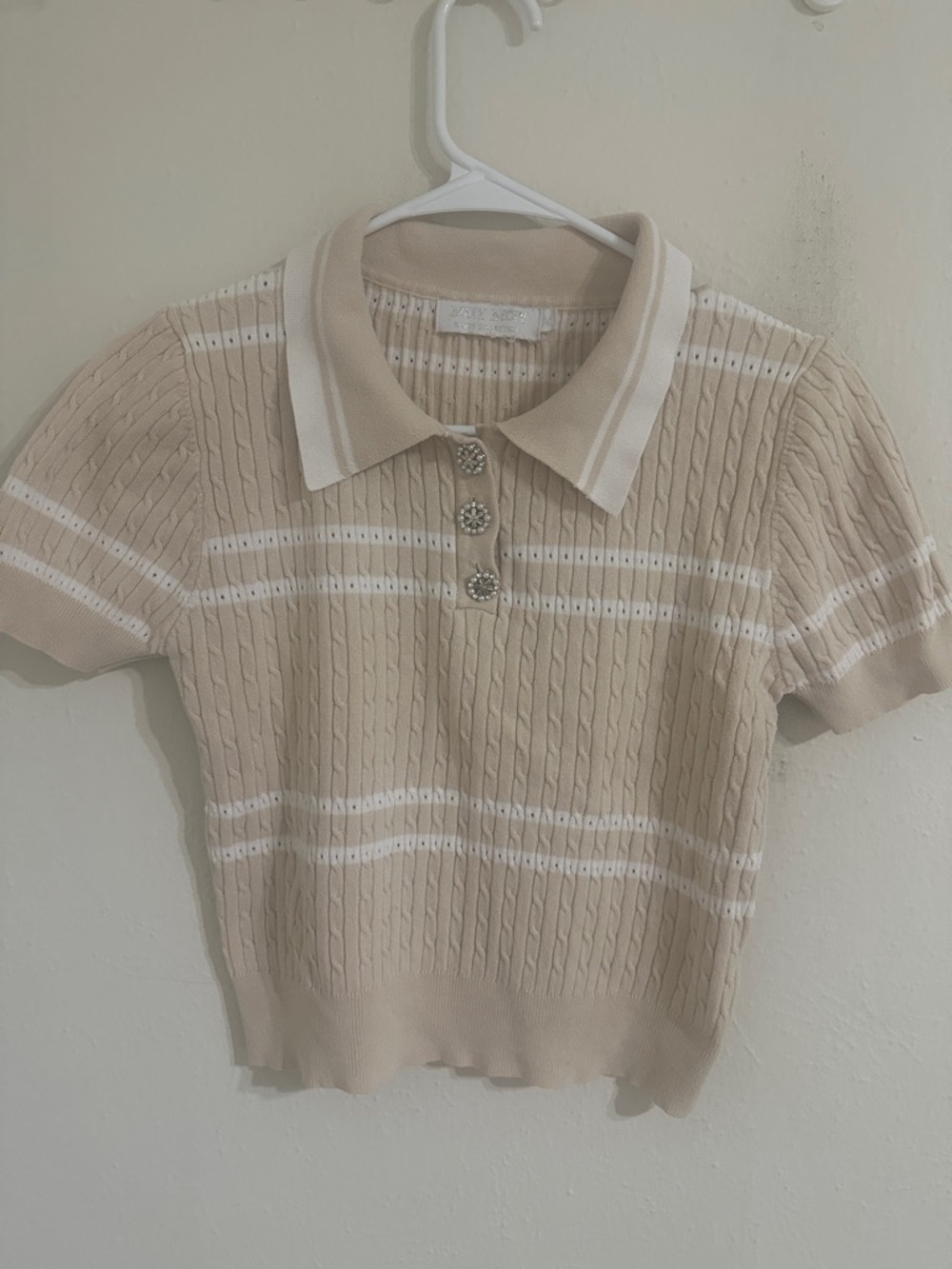 Beige Cable Knit Polo Sweater with Stripes